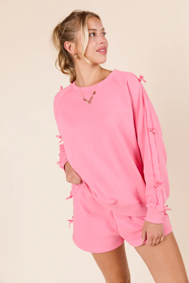 Kinley Pink Side Bow Detail Crewneck Sweatshirt - Terpint