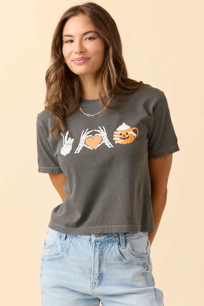 Peace, Love, and Pumpkin Spice Latte Dark Grey Boxy Graphic Tee - Terpint