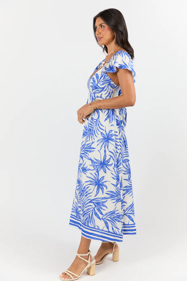 Palm Oasis Blue and White Leaf Printed Midi Dress - Terpint
