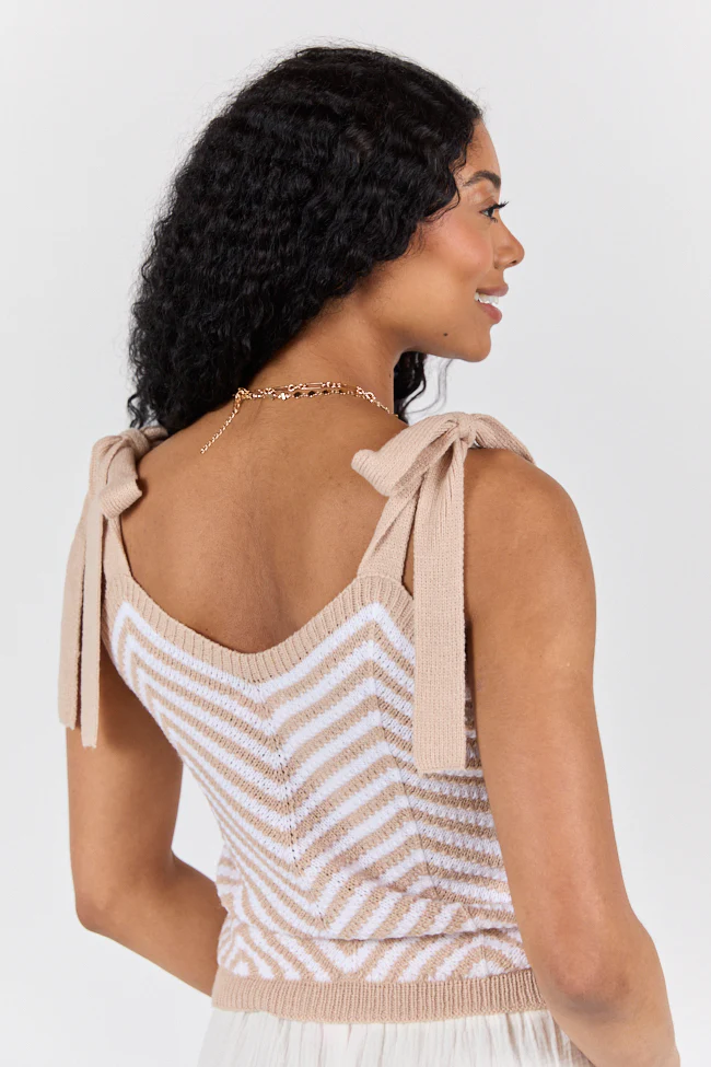 Chevron Smiles Beige and Ivory Tie Sleeve Sweater Tank DOORBUSTER - Terpint