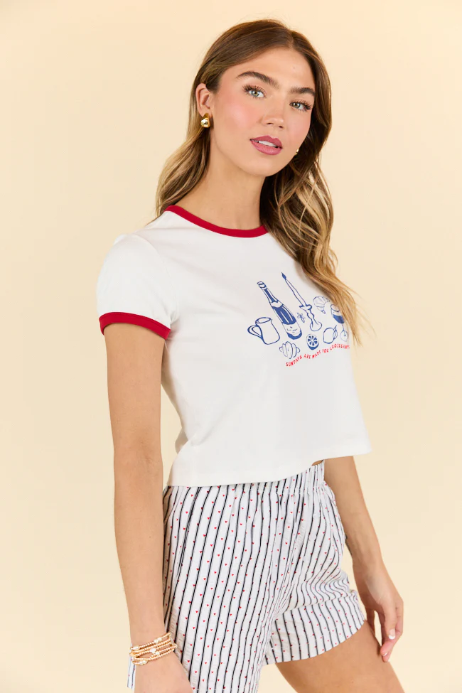 Croissants For Dinner White Graphic Cropped Tee DOORBUSTER - Terpint