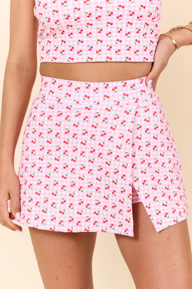 Pick Your Goals Pink Cherry Gingham Side Slit Skort - Terpint