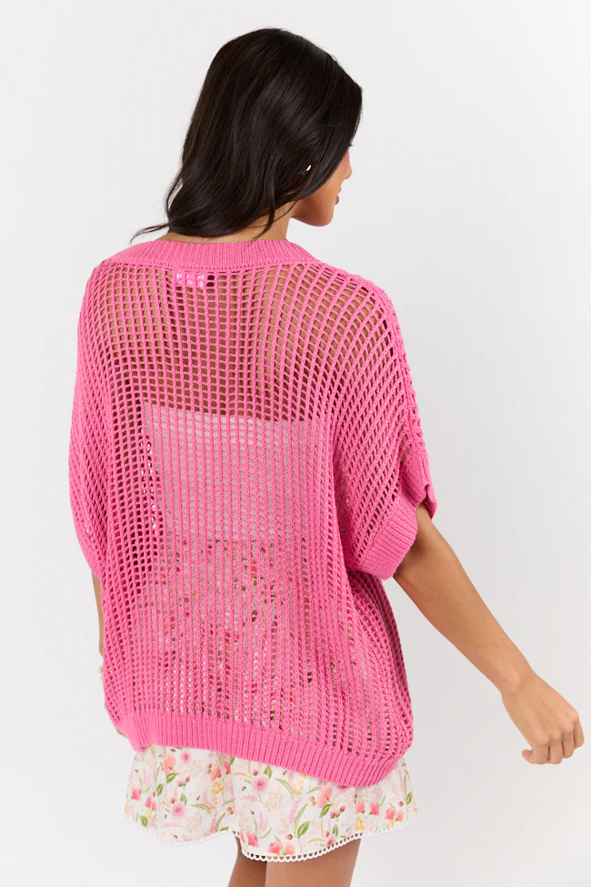 Wave Of Relief Pink Short Sleeve Open Knit Cover Up Sweater FINAL SALE - Terpint