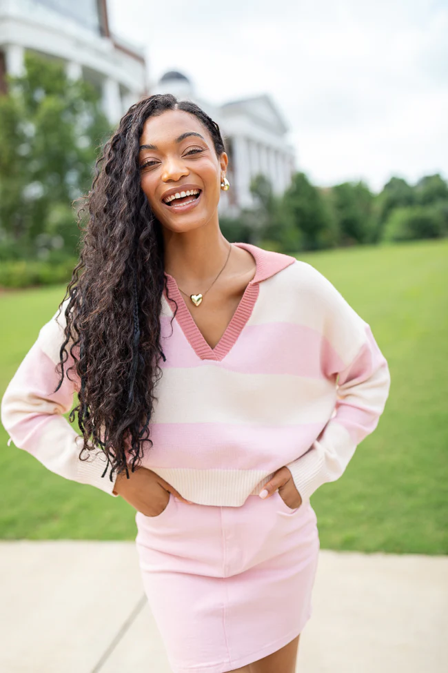 Hibiscus Pink and Cream Striped Collared V-Neck Sweater - Terpint