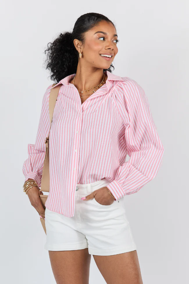 Here Lately Pink Striped Button Down Top FINAL SALE - Terpint