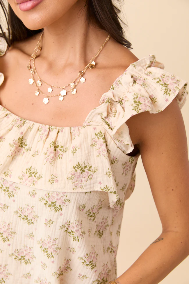 Mary Pink And Green Floral Printed Gauze Woven Tank - Terpint