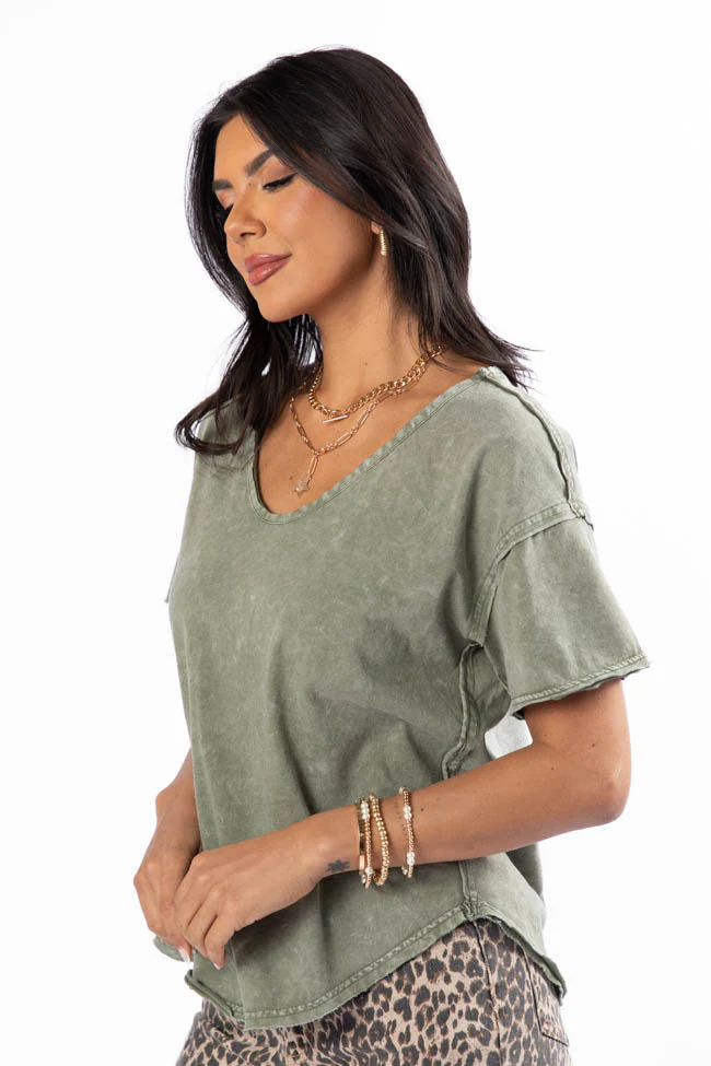 Tell Me About It Olive Acid Wash Scoop Neck Tee FINAL SALE - Terpint