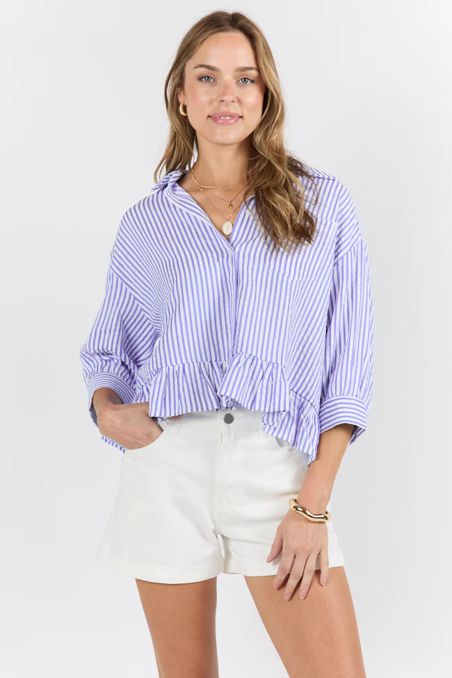 In Depth Blue Ruffle Hem Textured Stripe Button Down Top SALE - Terpint