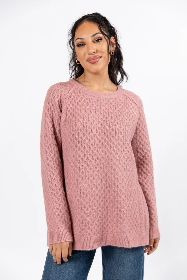 Cable Knit Cuddles Mauve Oversized Crew Neck Sweater FINAL SALE - Terpint