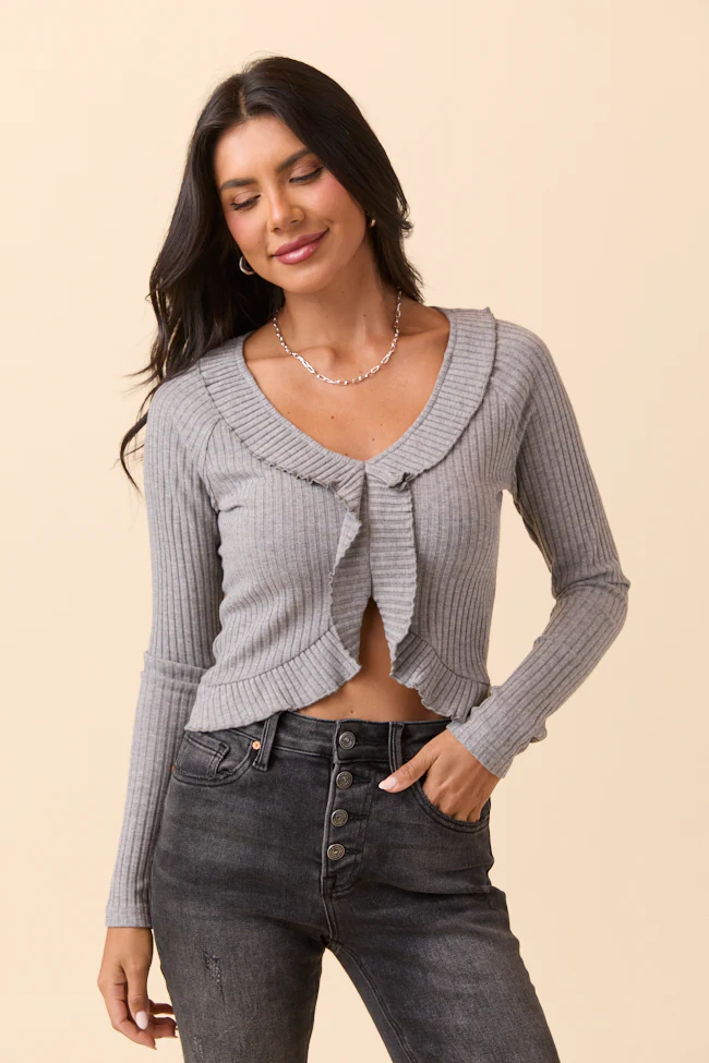 Linda Grey Ruffled Neckline Long Sleeve Knit Top - Terpint