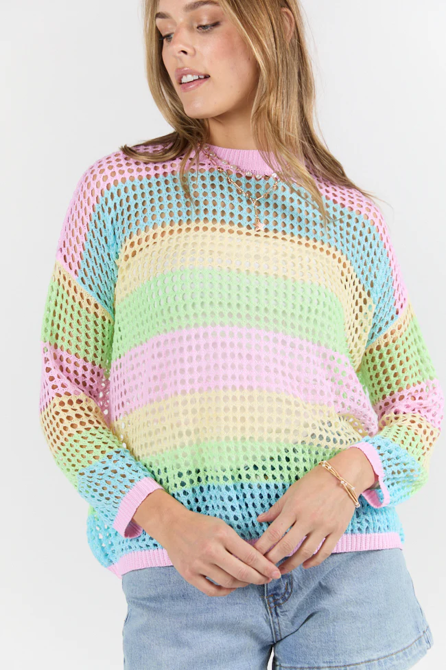 More To Come Open Knit Stripe Crew Neck Sweater FINAL SALE - Terpint