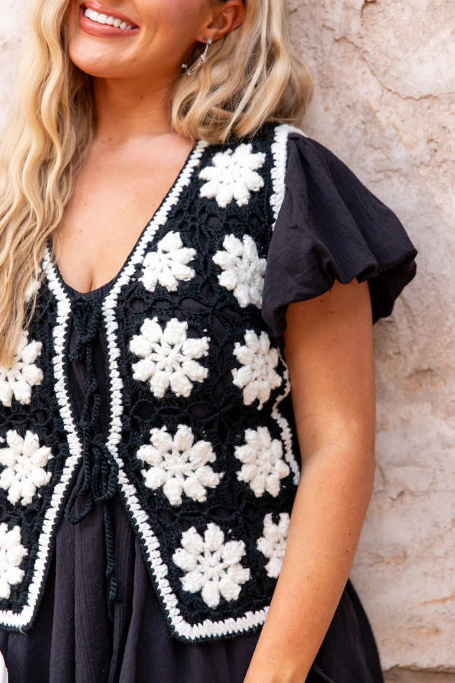Rodeo Drive Black and Ivory Crochet Sweater Vest - Terpint