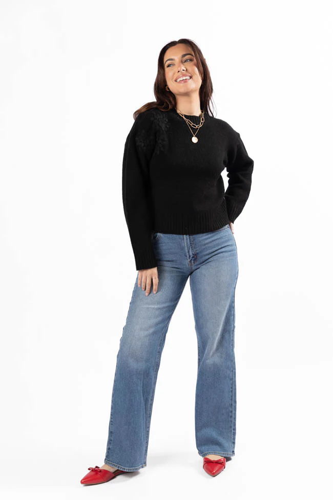 Days Of Dreaming Black Floral Embroidered Crew Neck Sweater FINAL SALE - Terpint