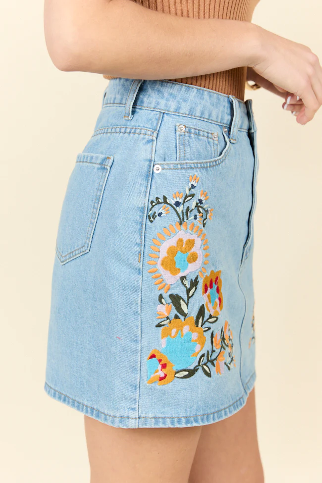 Garden Of Grace Floral Embroidered Denim Skirt FINAL SALE - Terpint