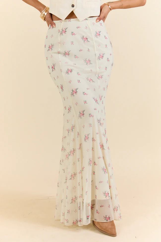 Floral Echo Ivory and Pink Knit Maxi Skirt - Terpint