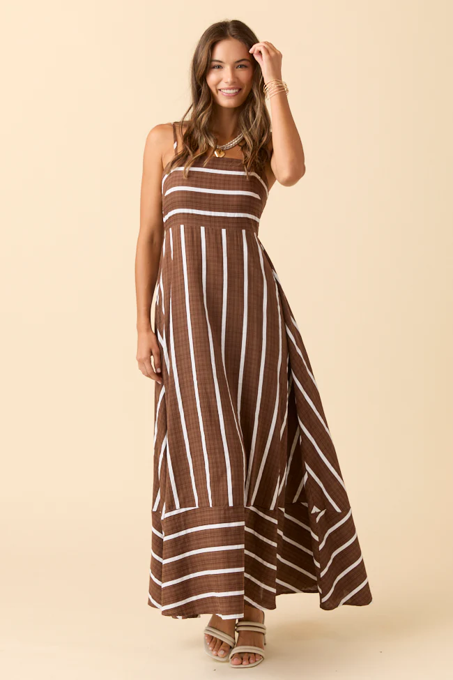 Come Sail Away Brown Striped Maxi Dress - Terpint