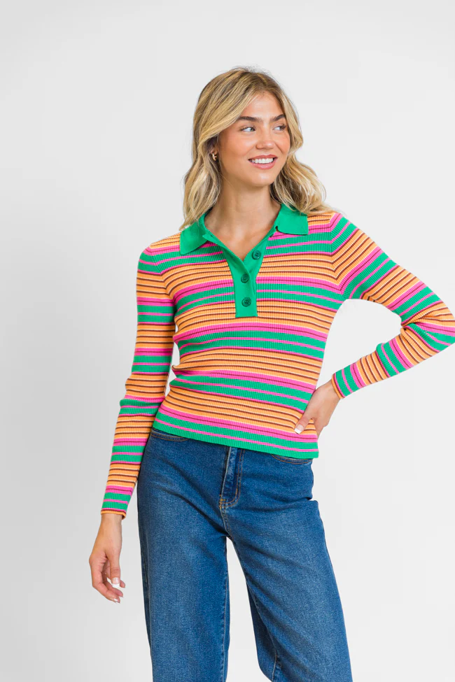 Wish I Knew Multi Striped Long Sleeve Polo Sweater FINAL SALE - Terpint