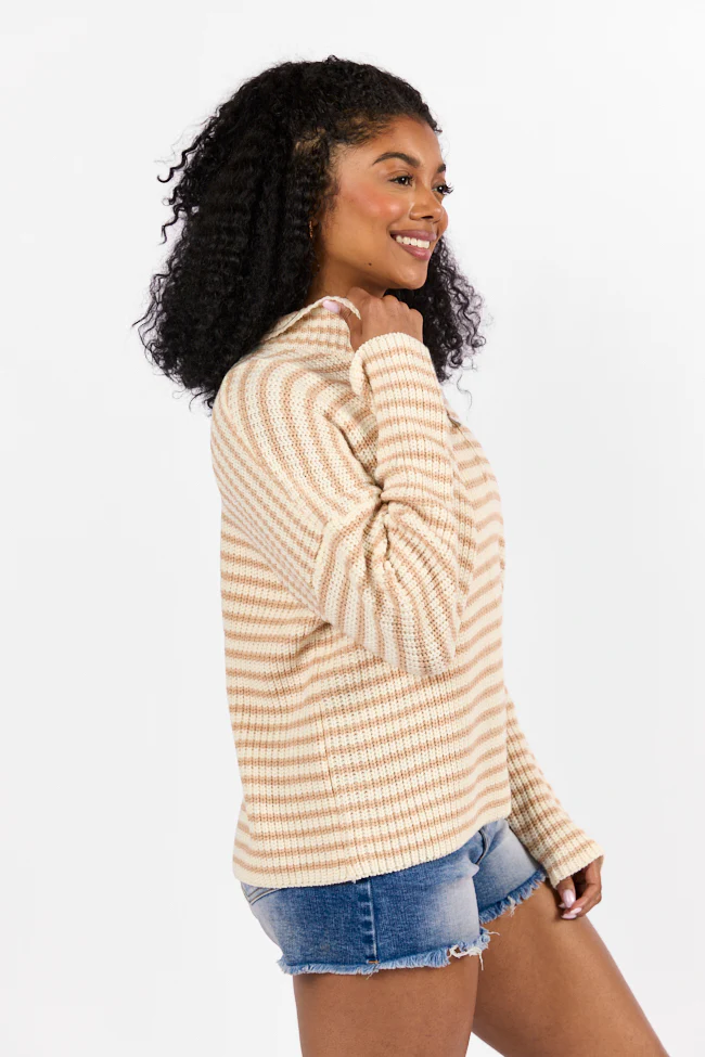 Bayside Breeze Ivory and Tan Stripe Quarter Zip Pullover Sweater FINAL SALE - Terpint