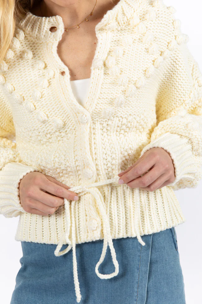 Pom Party Cream Chunky Cinched Waist Cardigan FINAL SALE - Terpint