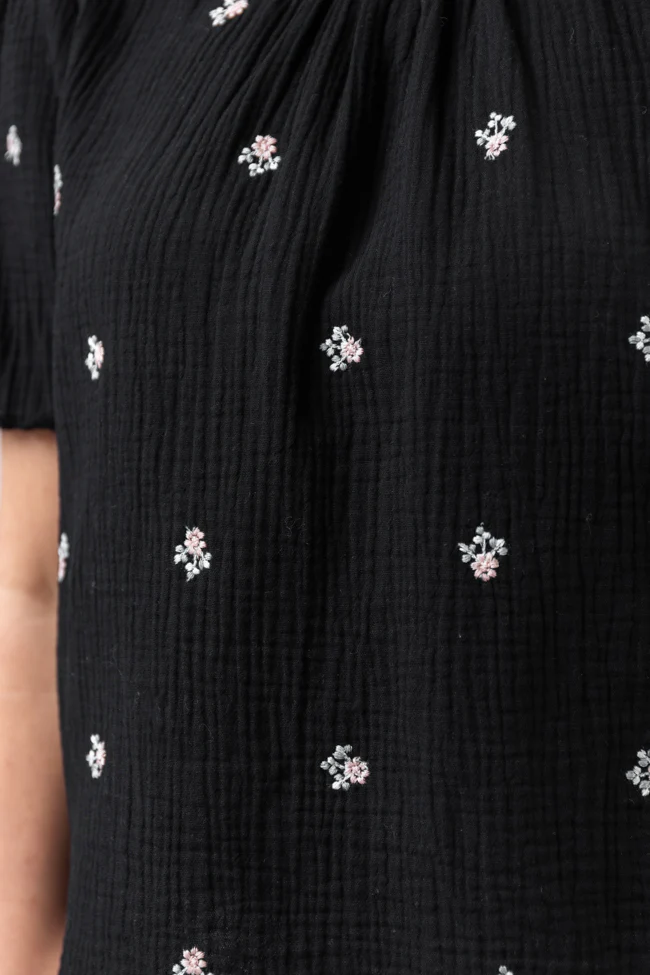 Endless Charm Black Floral Embroidered Gauze Blouse DOORBUSTER - Terpint