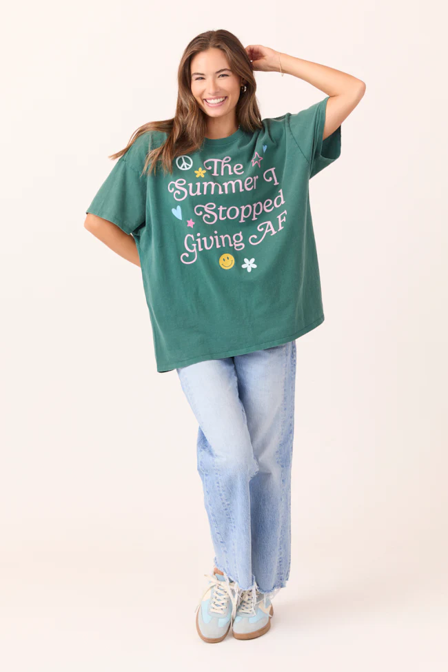 The Summer I Stopped Giving AF Dark Green Oversized Graphic Tee - Terpint