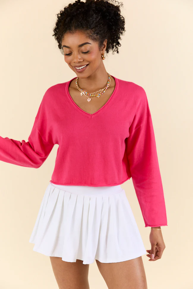 No Bad Days Hot Pink Drop Shoulder V-Neck Pullover SALE - Terpint