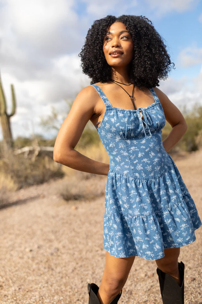 Harmonic Blooms Ditsy Floral Denim Mini Dress SALE - Terpint