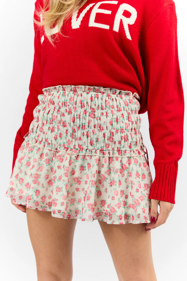 Cross My Path Ivory and Red Drop Smocked Waist Mini Skort FINAL SALE - Terpint