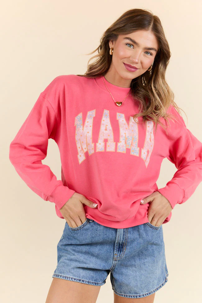 Mama Multi Daisy Print Light Red Graphic Sweatshirt - Terpint