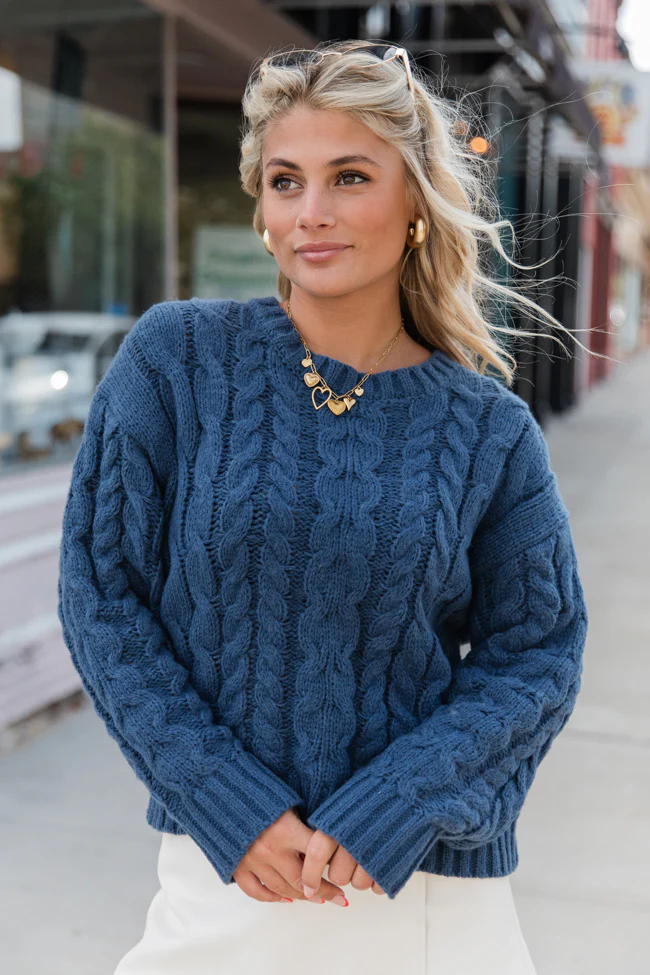 A Cozy Place Navy Cable Knit Crew Neck Sweater FINAL SALE - Terpint