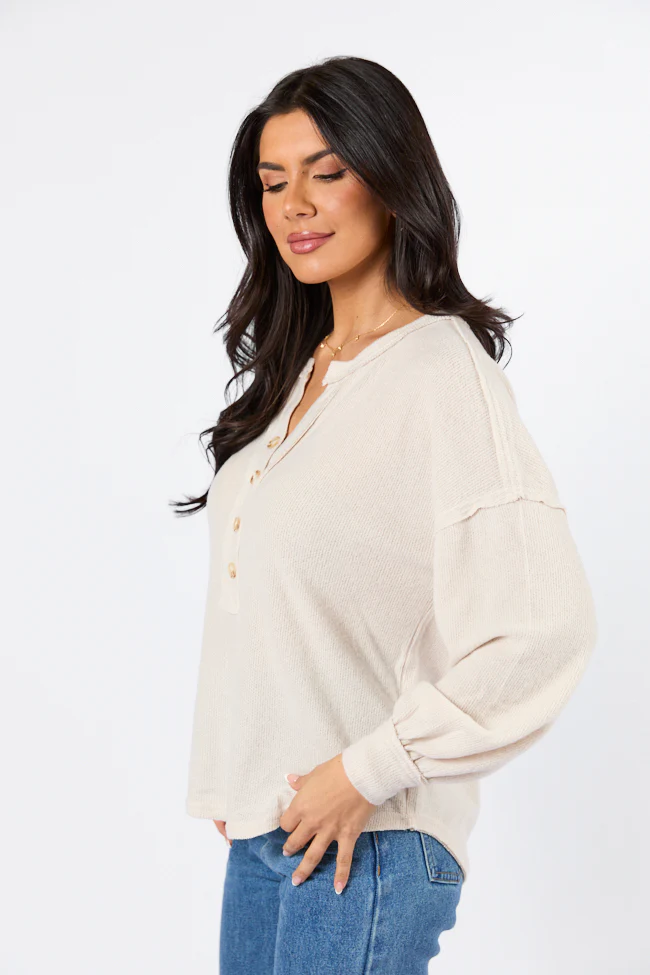 Any Other Way Oatmeal Brushed Rib Henley Knit Long Sleeve Top FINAL SALE - Terpint