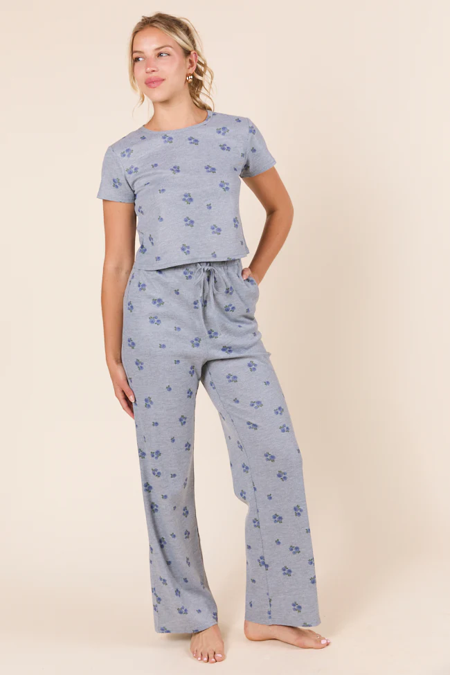 Lainey Waffle Knit Blue Floral Pajama Pants - Terpint