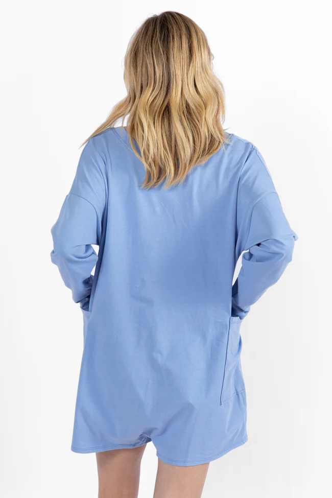 On A Daily Basis Indigo Deep V-Neck Pocketed Long Sleeve Romper FINAL SALE - Terpint
