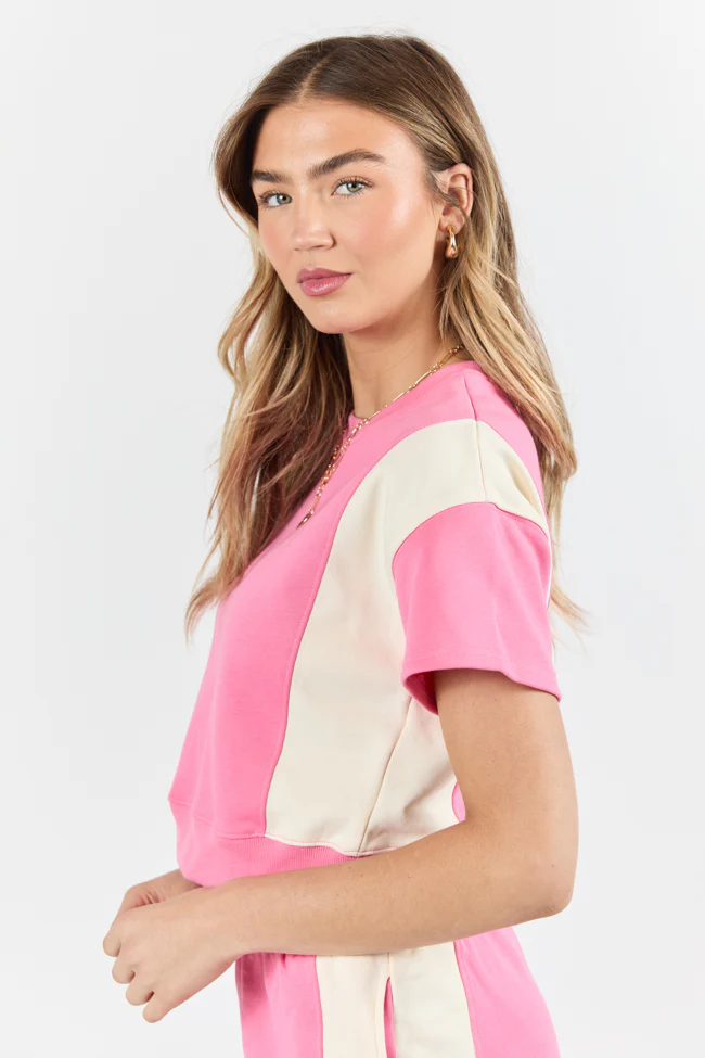 Make Or Break Pink and Ivory Contrast French Terry Short Sleeve Sweatshirt SALE - Terpint