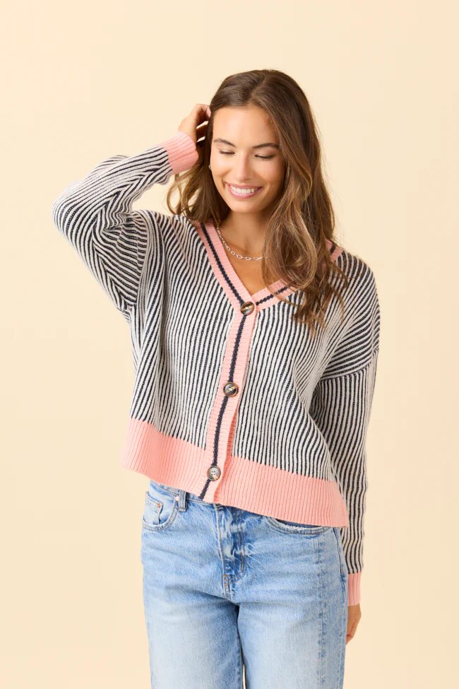 Alma Textured Navy Striped Knit Cardigan - Terpint