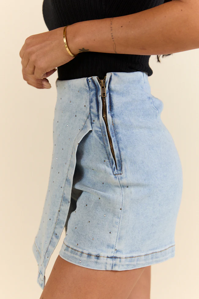 My Favorite Light Wash Rhinestone Studded Denim Skort - Terpint