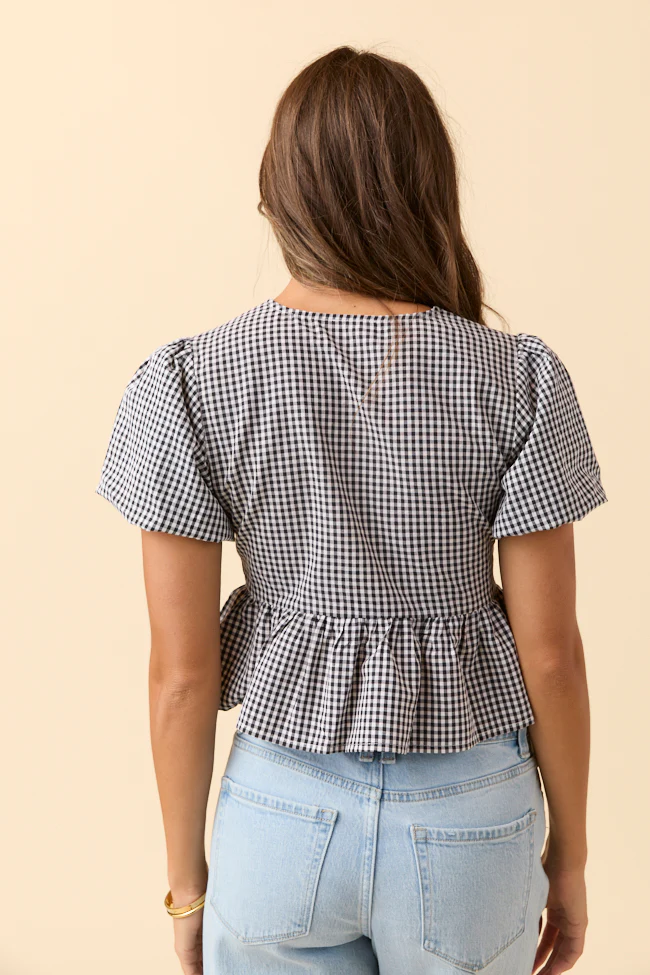 Mila Black Gingham Tie Front Flounce Woven Blouse DOORBUSTER - Terpint