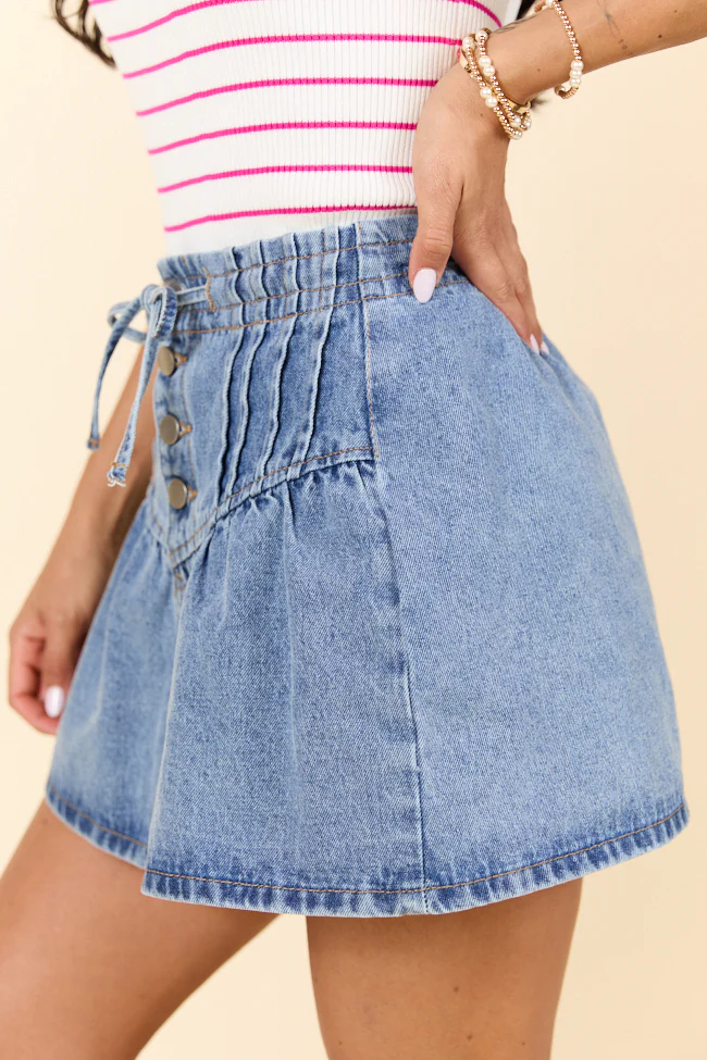 Little By Little Medium Wash Drawstring Denim Skirt - Terpint