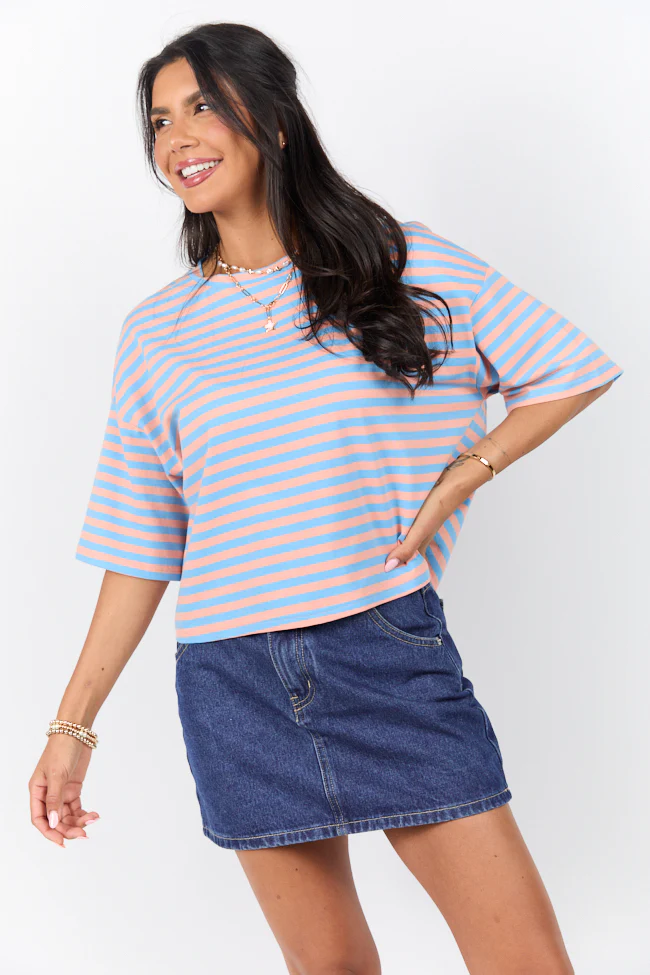 Keep It Casual Blue and Coral Multi Boxy Striped Tee DOORBUSTER - Terpint