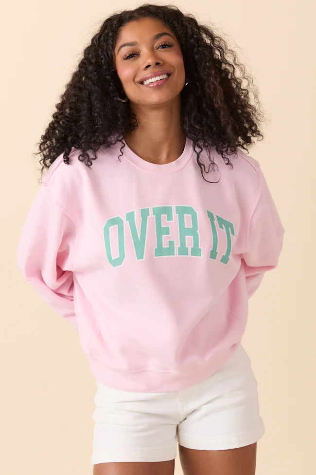 Over It Soft Pink Raw Hem Fleece Graphic Sweatshirt - Terpint