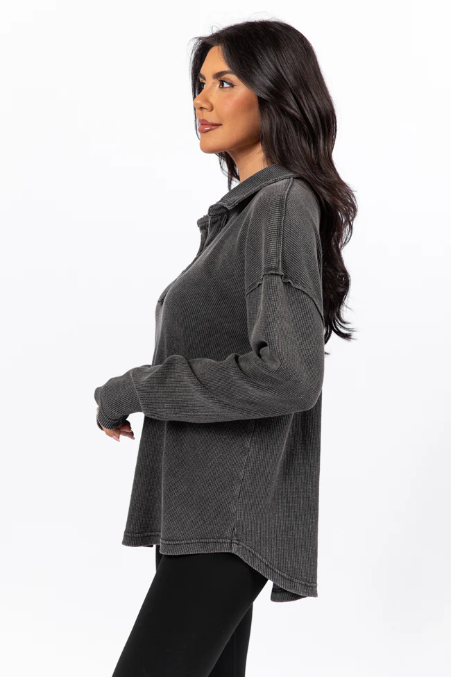 Leaf Your Worries Black Acid Washed Waffle Collared Top - Terpint