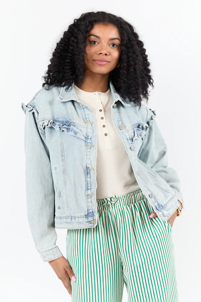 Told You So Light Wash Ruffle Trim Denim Jacket DOORBUSTER - Terpint