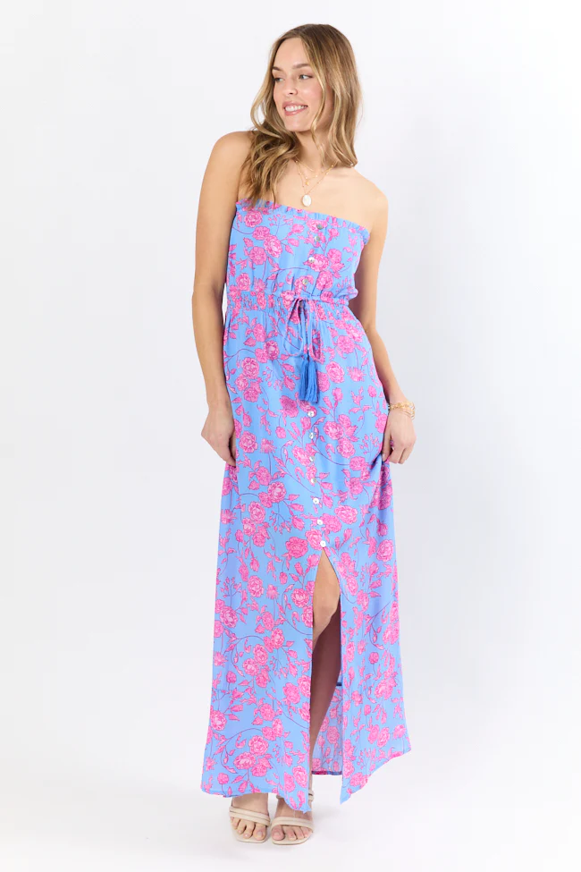 Floral Oasis Blue and Pink Strapless Printed Maxi Dress FINAL SALE - Terpint