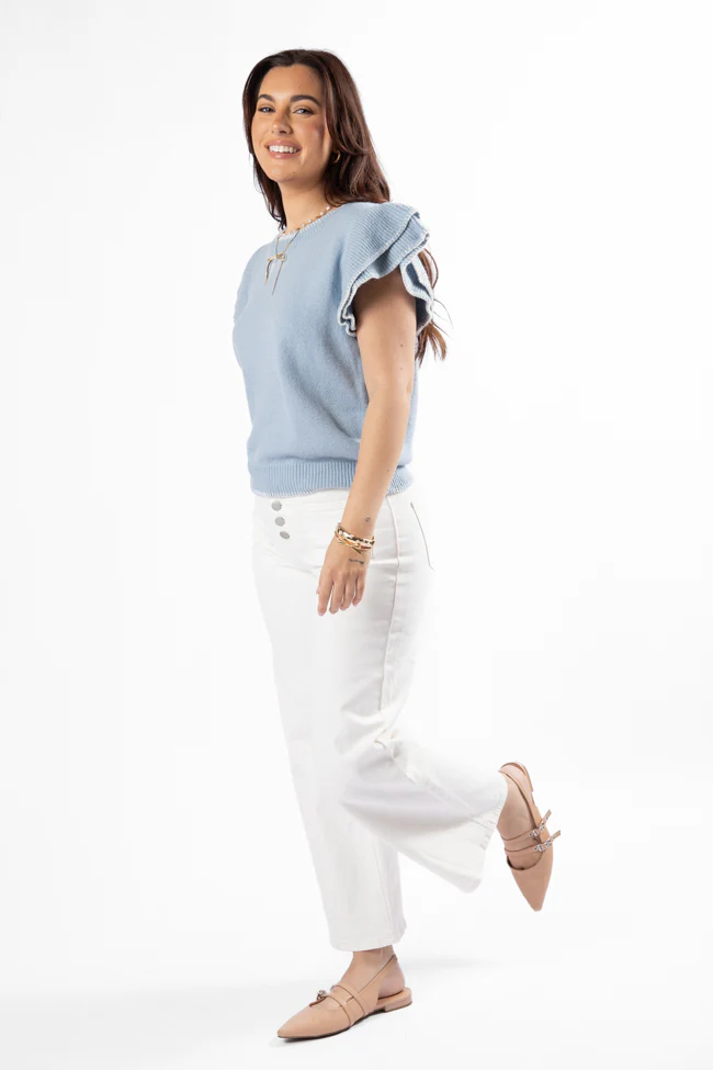 Everywhere and Back Light Blue Flutter Sleeve Stitched Detail Sweater FINAL SALE - Terpint