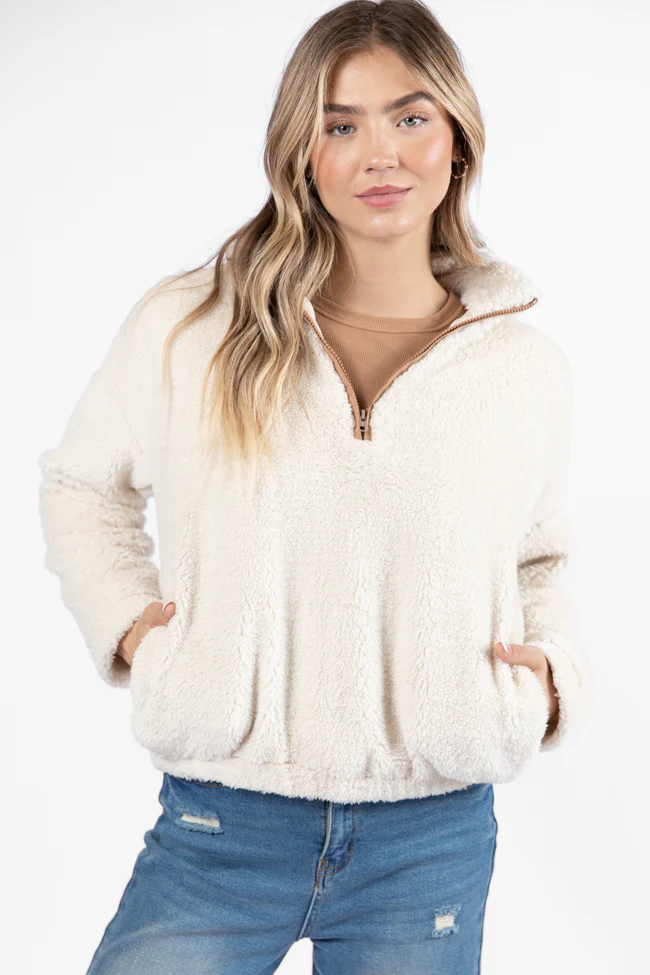 Stay Here Beige Contrast Trim Sherpa Pullover FINAL SALE - Terpint