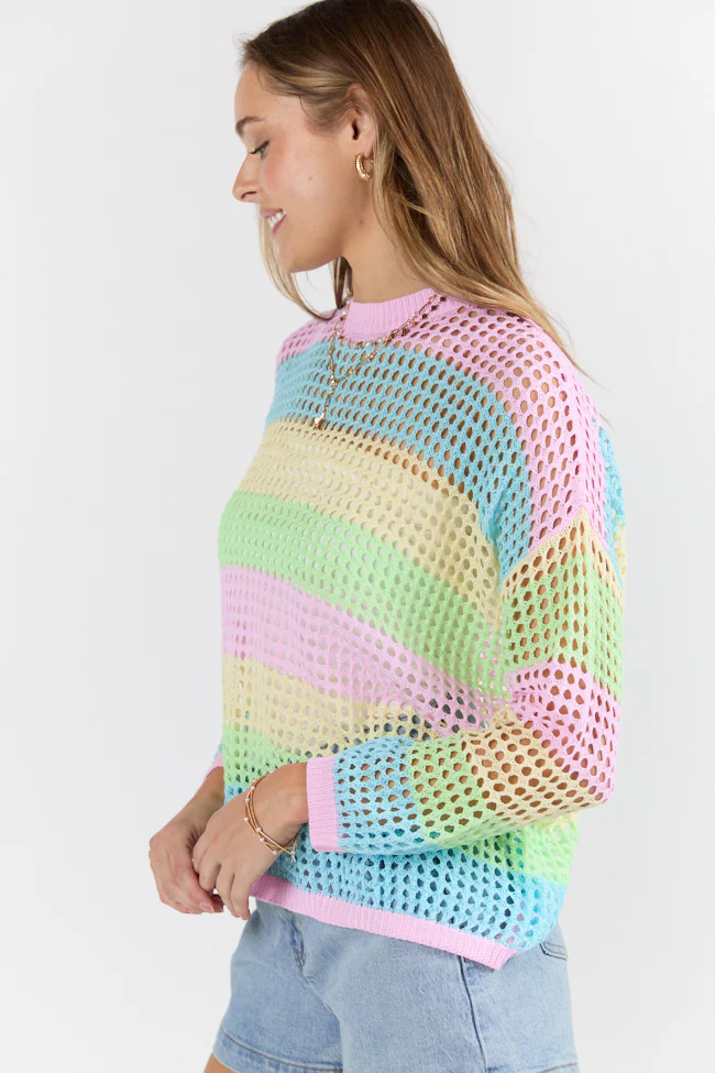 More To Come Open Knit Stripe Crew Neck Sweater FINAL SALE - Terpint