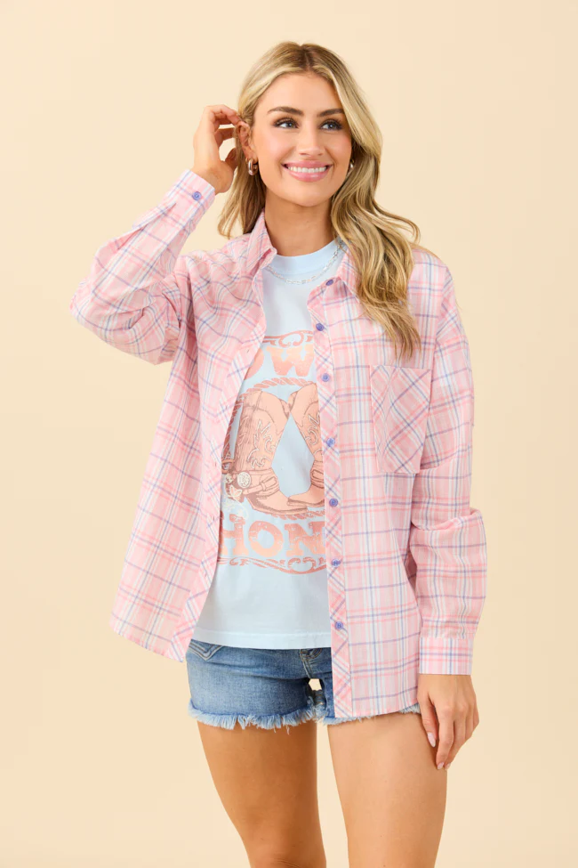 Rory Pink and Blue Plaid Button Down Top DOORBUSTER - Terpint