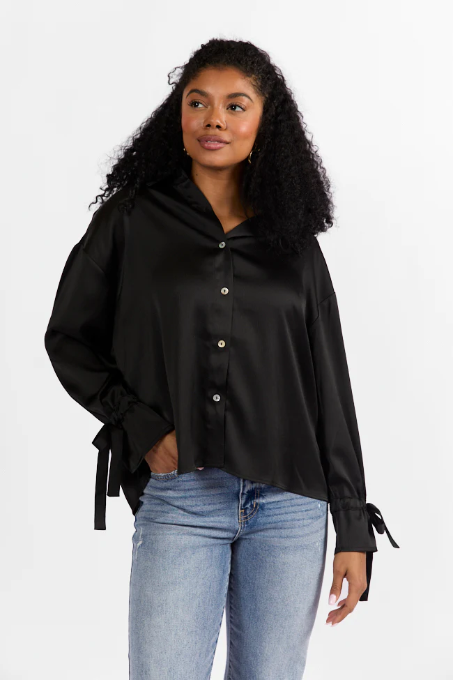 Think It Through Black Bow Cuff Satin Button Down Shirt FINAL SALE - Terpint