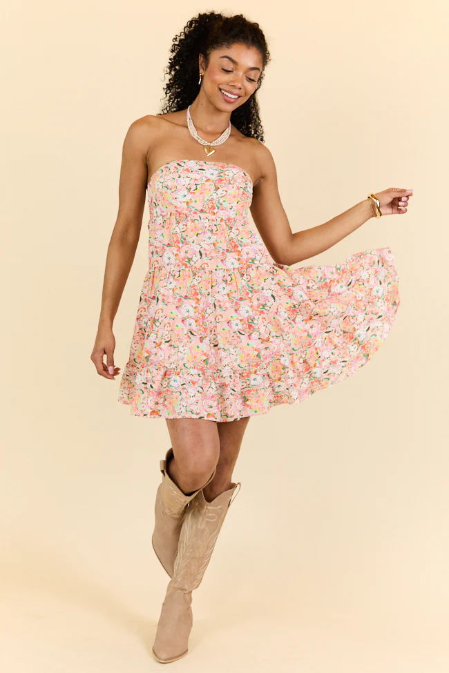 Sweet Thing Strapless Pink and Peach Printed Mini Dress SALE - Terpint