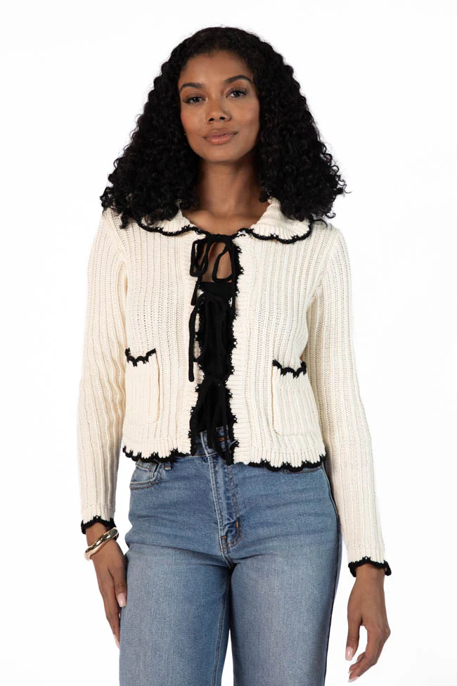 Aim High Cream and Black Tie Front Crochet Cardigan FINAL SALE - Terpint